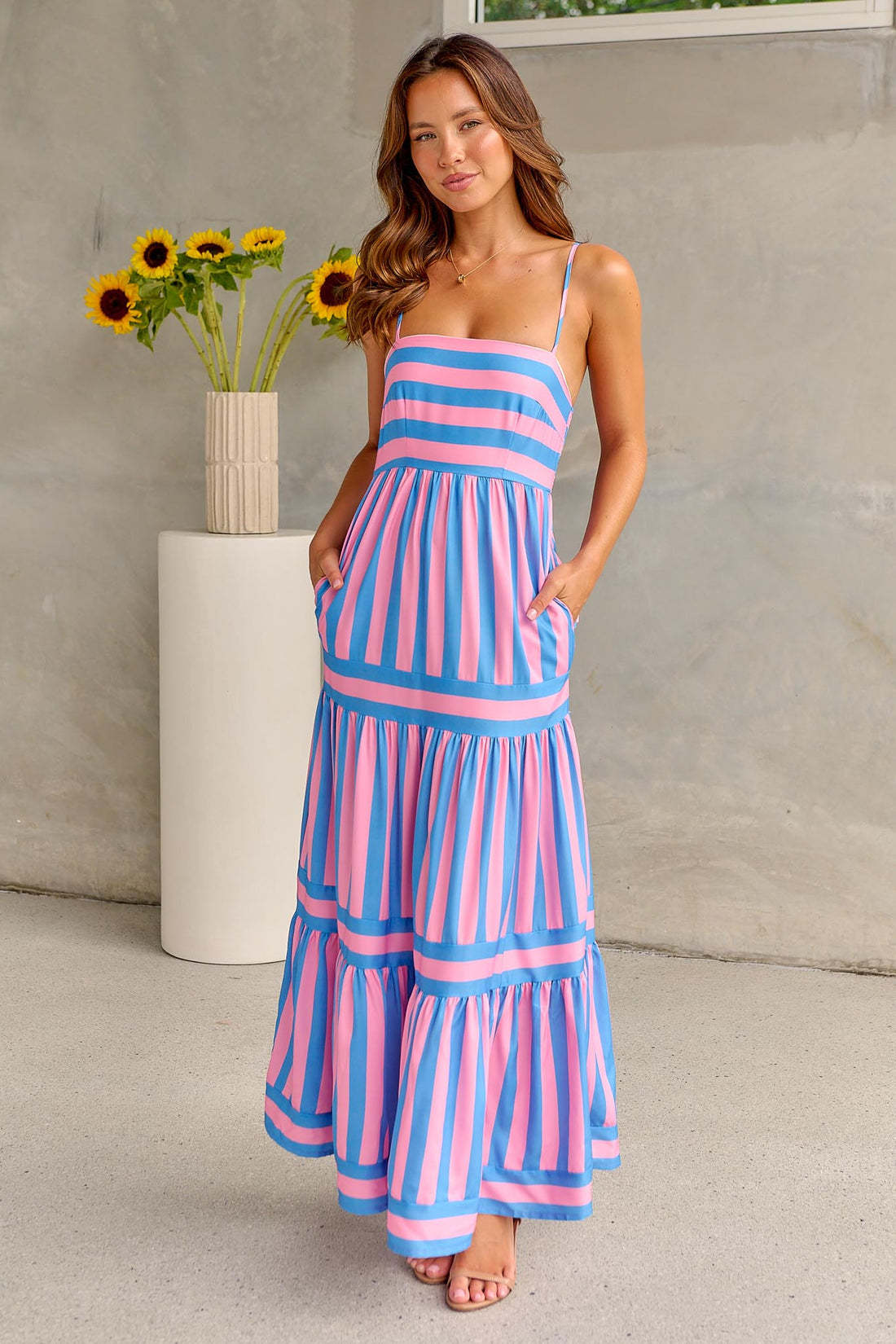 Women's Striped Positioning Printed Sling Backless Pocket Dresses