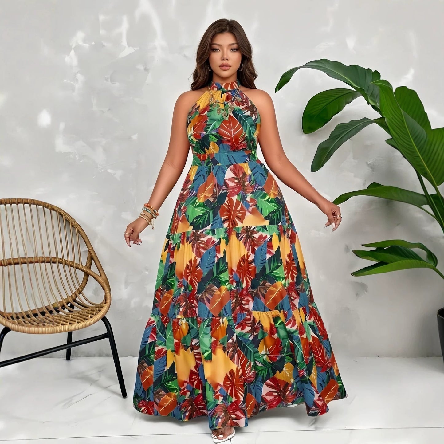 Women's Summer Fashion Sleeveless Halter Printed Waist Dress