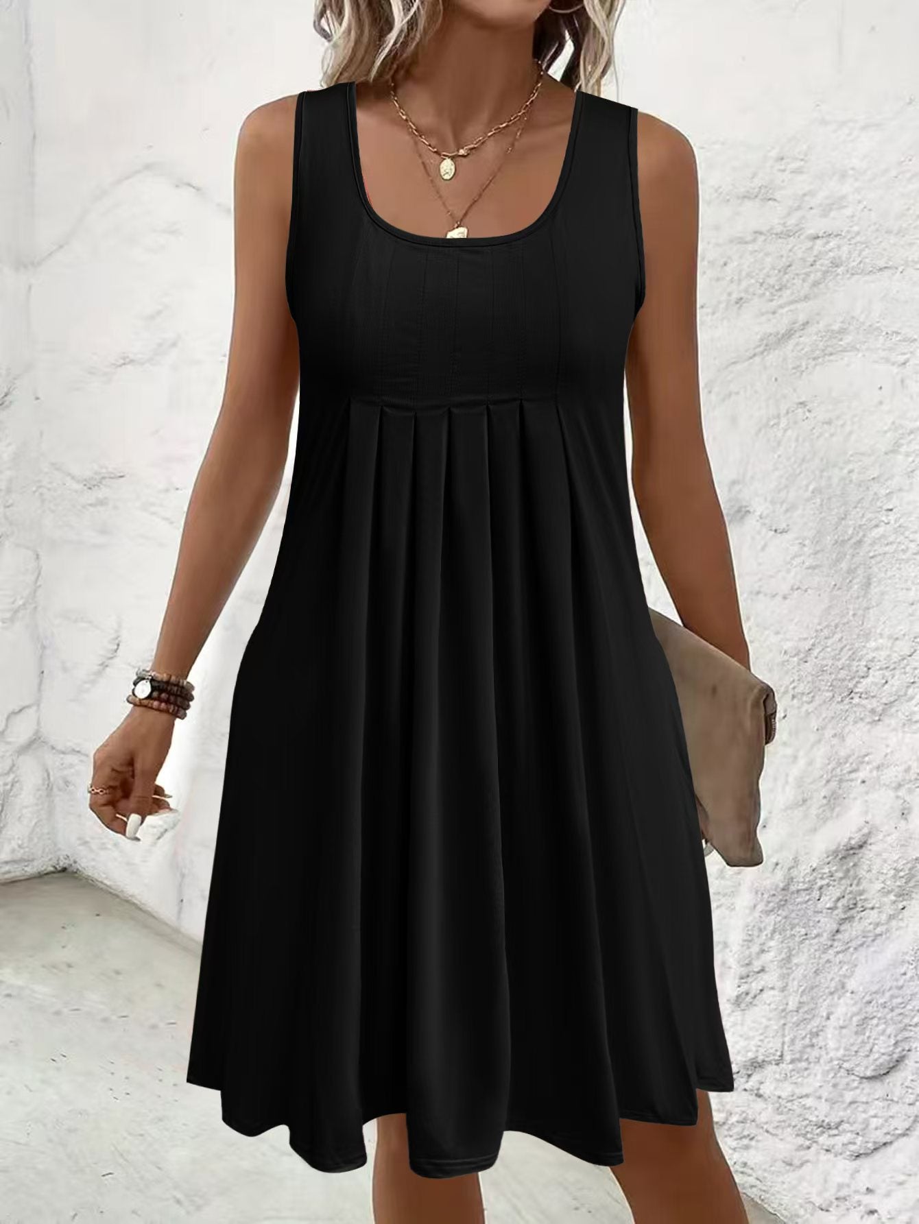 Women's Large Summer Solid Color Pleated Design Casual Sleeveless Dress