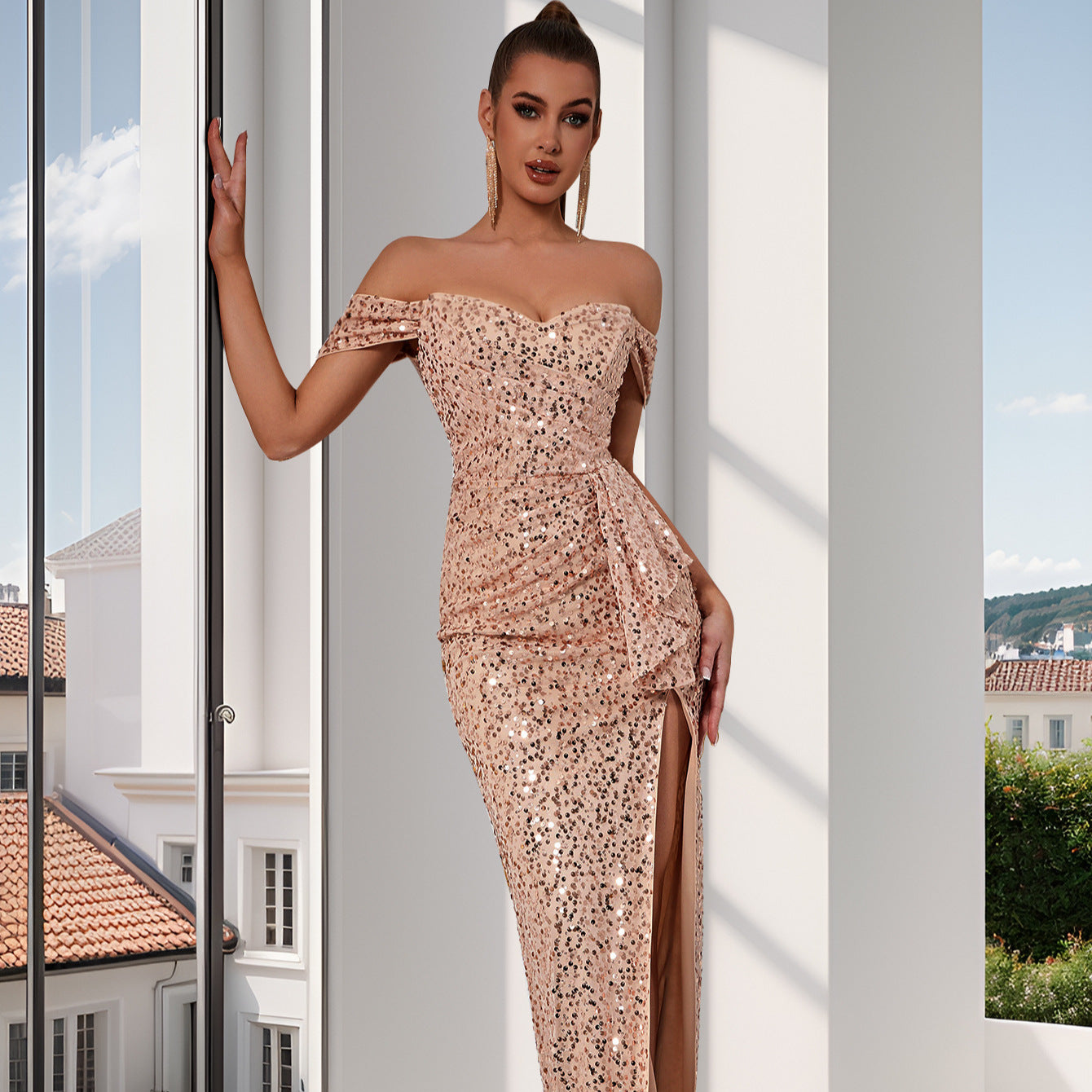Sleeveless High Slit Shoulder Belt Tight Sexy Dress