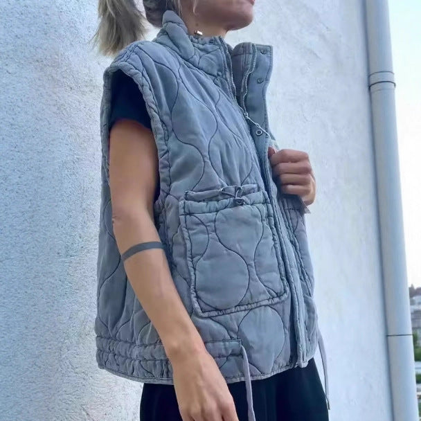 Women's New Rhombus Stand Collar Sleeveless Vests