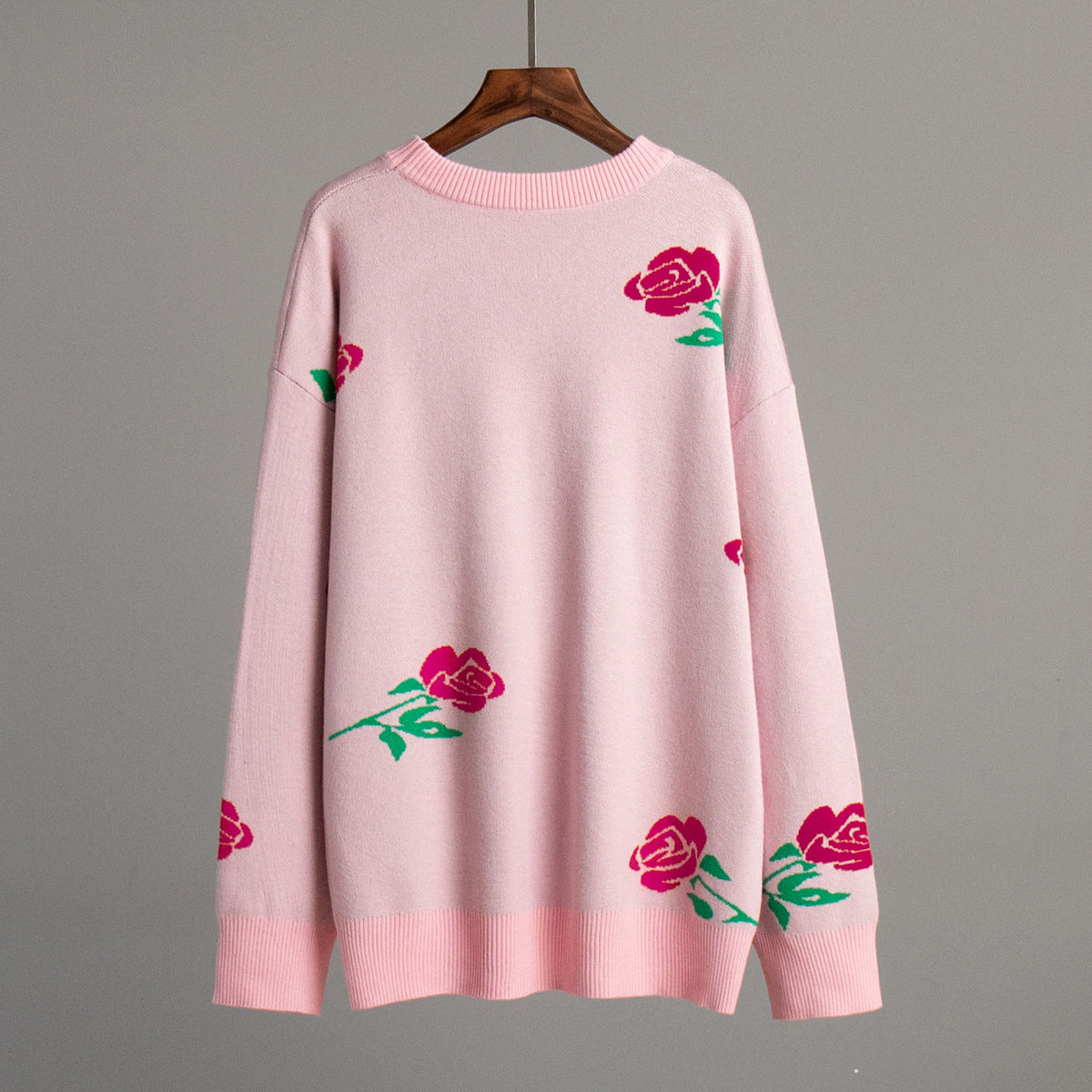 Women's Rose Printed Round Neck Loose Pullover Sweaters