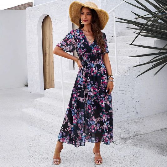 Women's Temperament Printed Waist Trimming Short-sleeved Chiffon Clothing