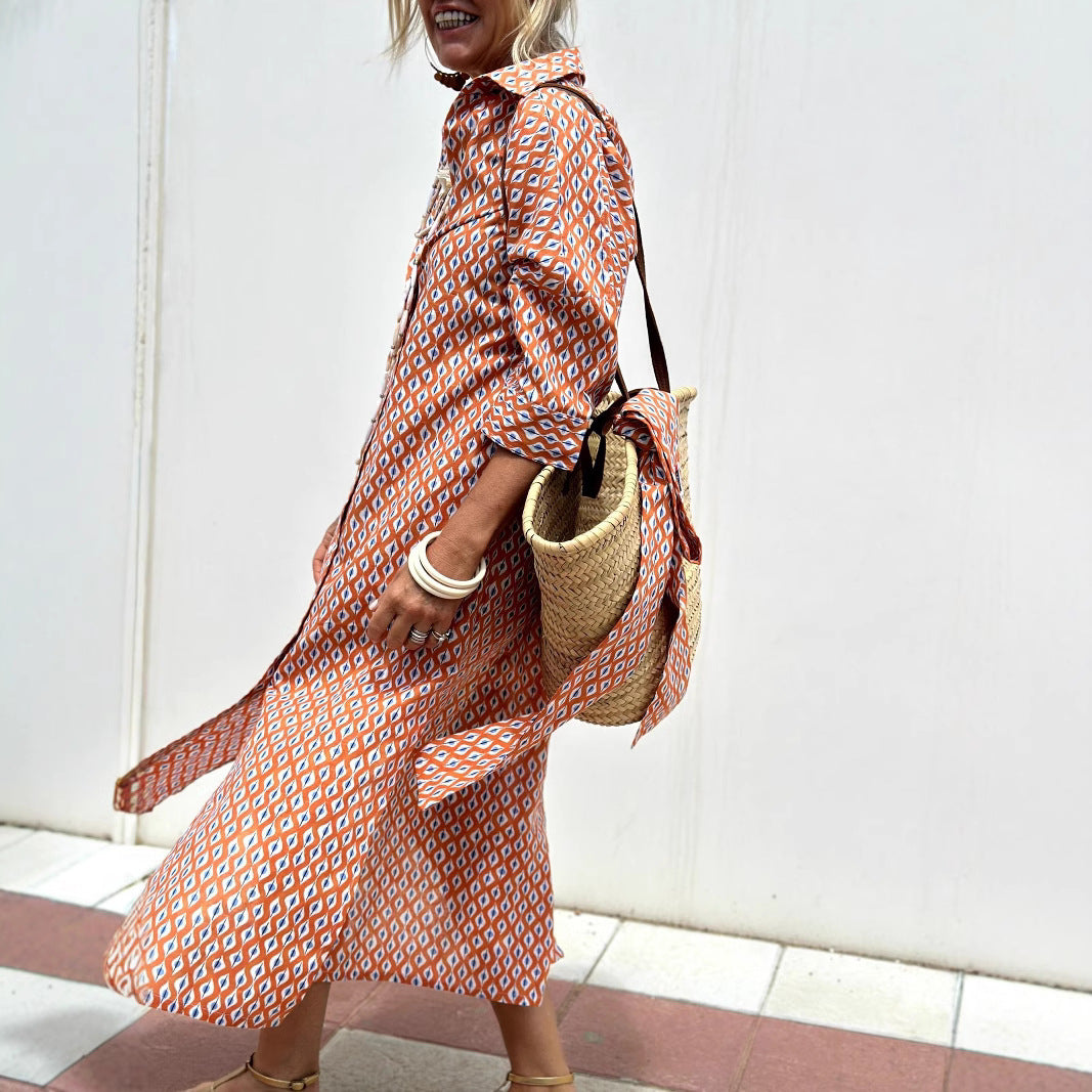 Women's Half Sleeve Striped Lapel Shirt Dress