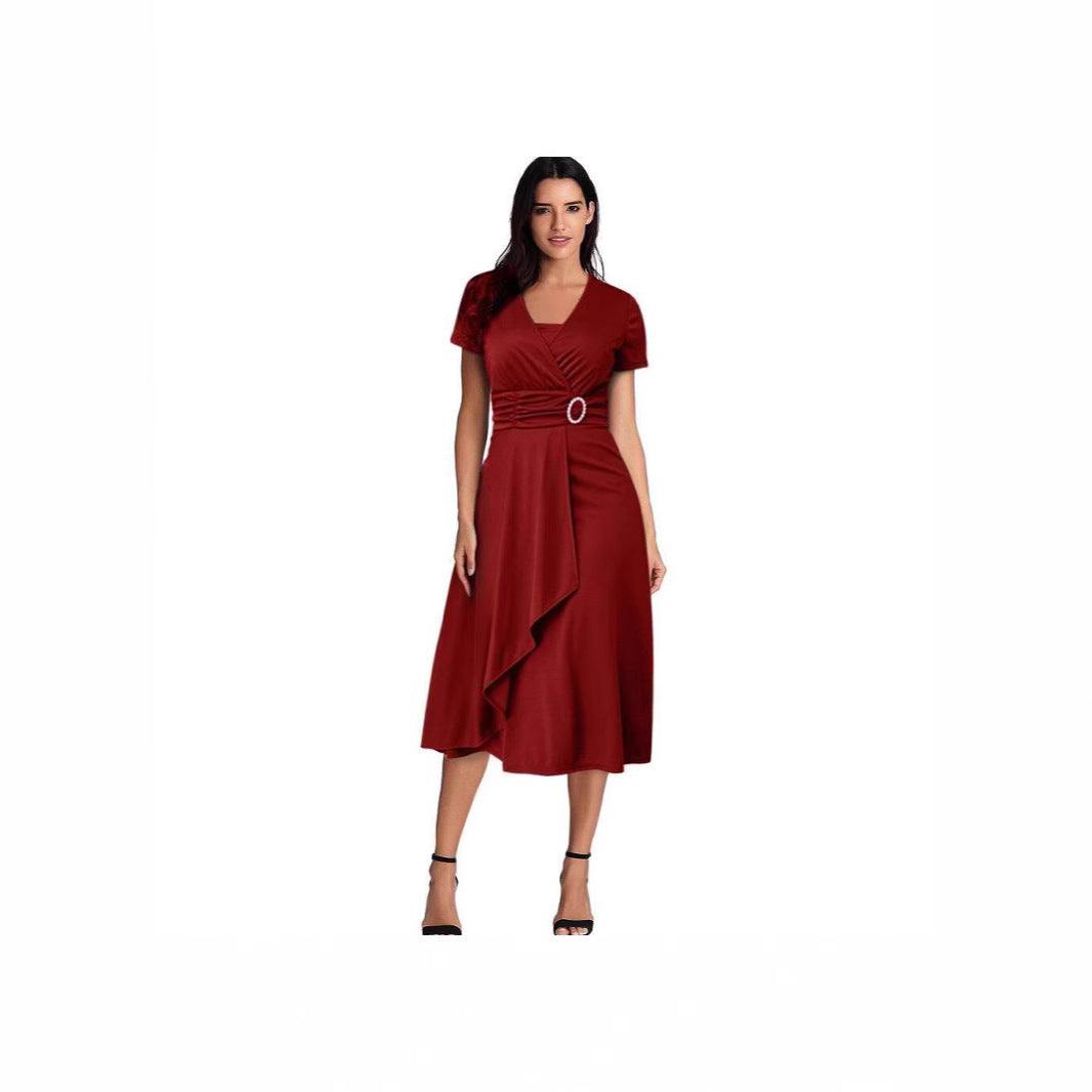 Women's Ladies Elegant Sexy Asymmetric Large Swing High Waist Mid-length Solid Dress