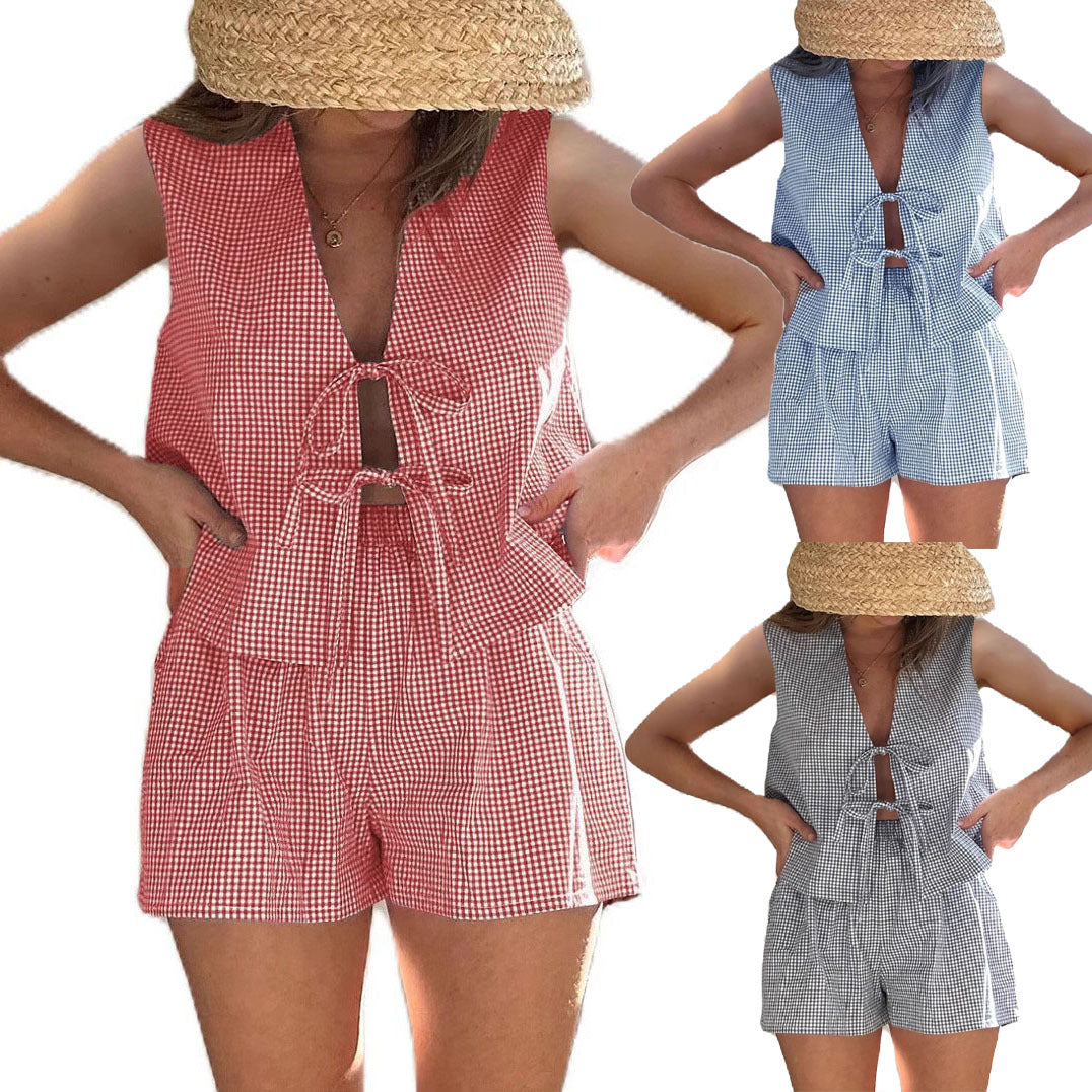 Women's Summer Vacation Style Plaid Drawstring Two-piece Fashion Casual Suit