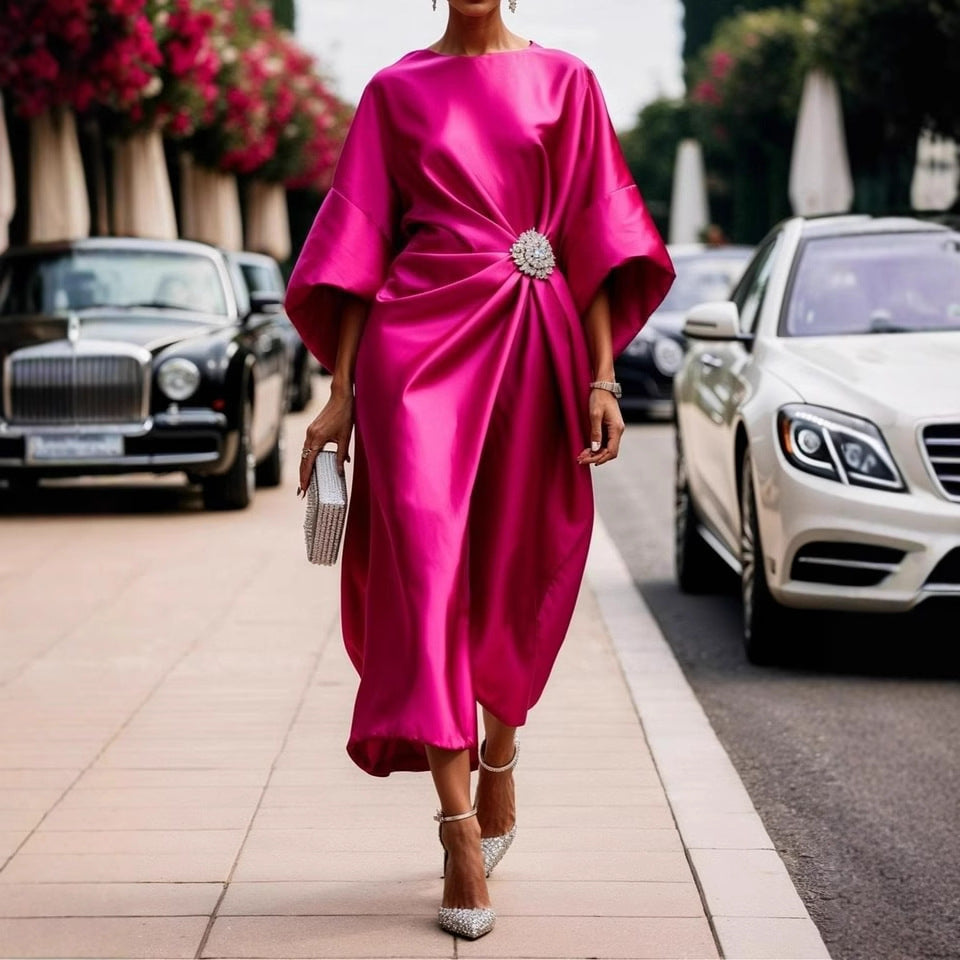 Women's Elegant Flower Beads Decorative Satin Design Dresses