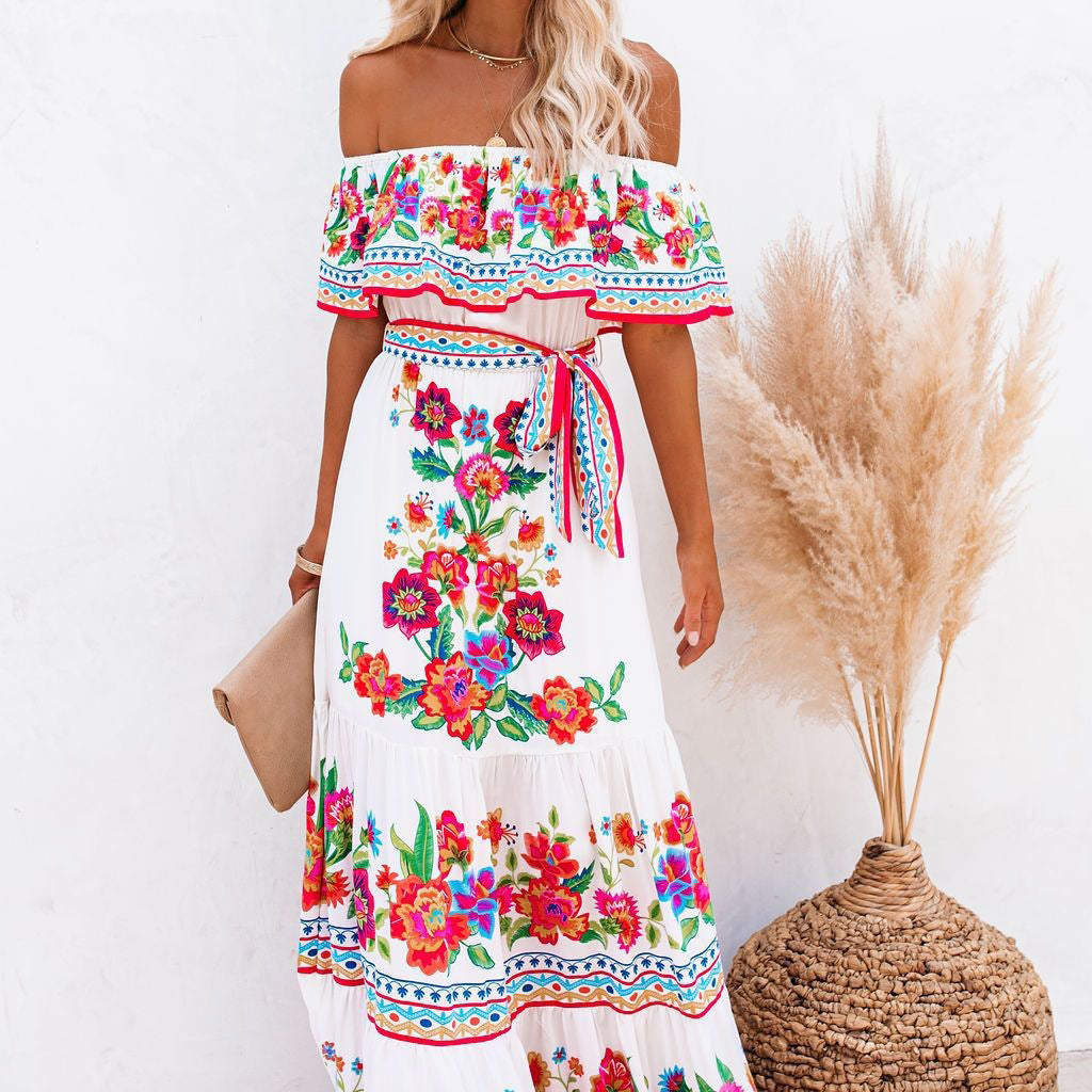 Women's Red Flower Print Long Large Hem Dresses