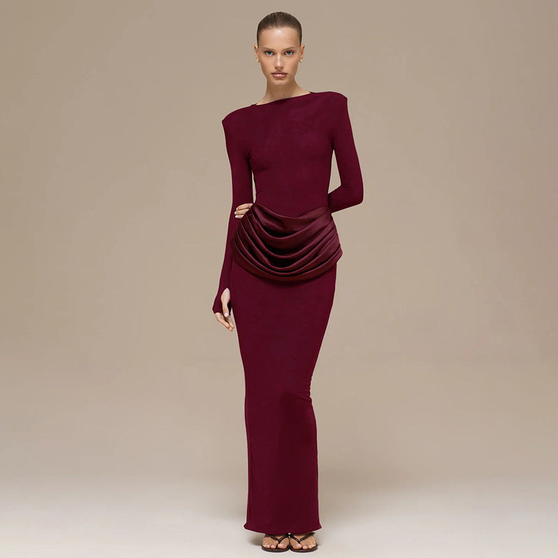 Women's Temperament Pure Color Long-sleeved Pleated Sheath Dress