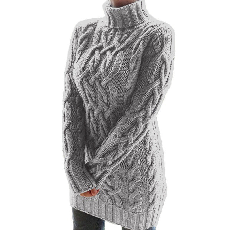 Long Sleeve Slim Knit Dress Solid Color High Neck Thickened Sweater