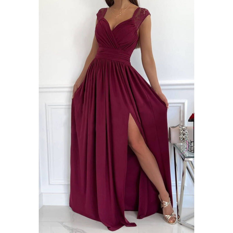 Women's Sleeveless Lace Backless Slit Hemline At Dress