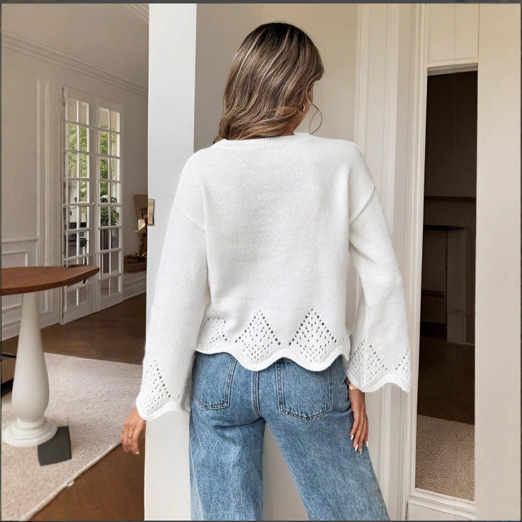Women's Hollow Irregular Hem Round Neck Knitted Bottoming Shirt Sweater