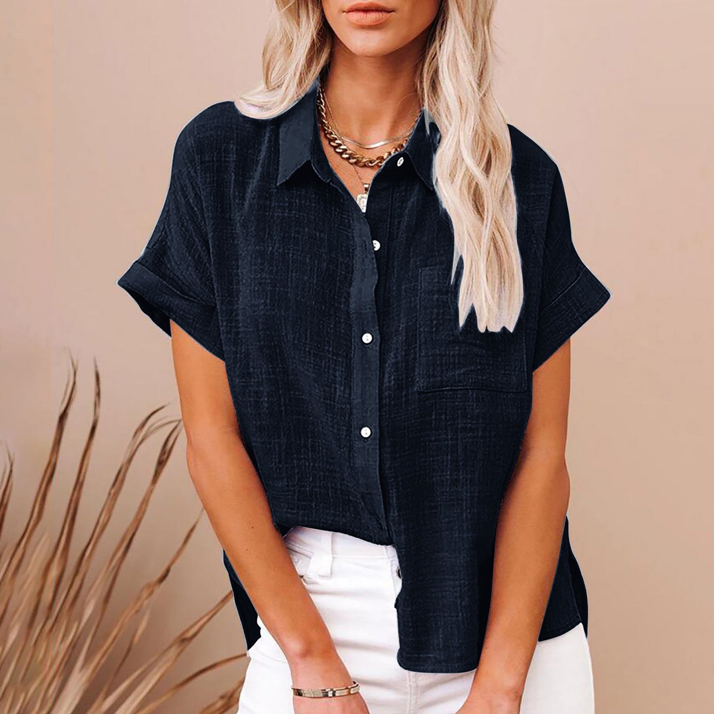 Women's Solid Color Linen Shirt Sleeve Casual Shorts