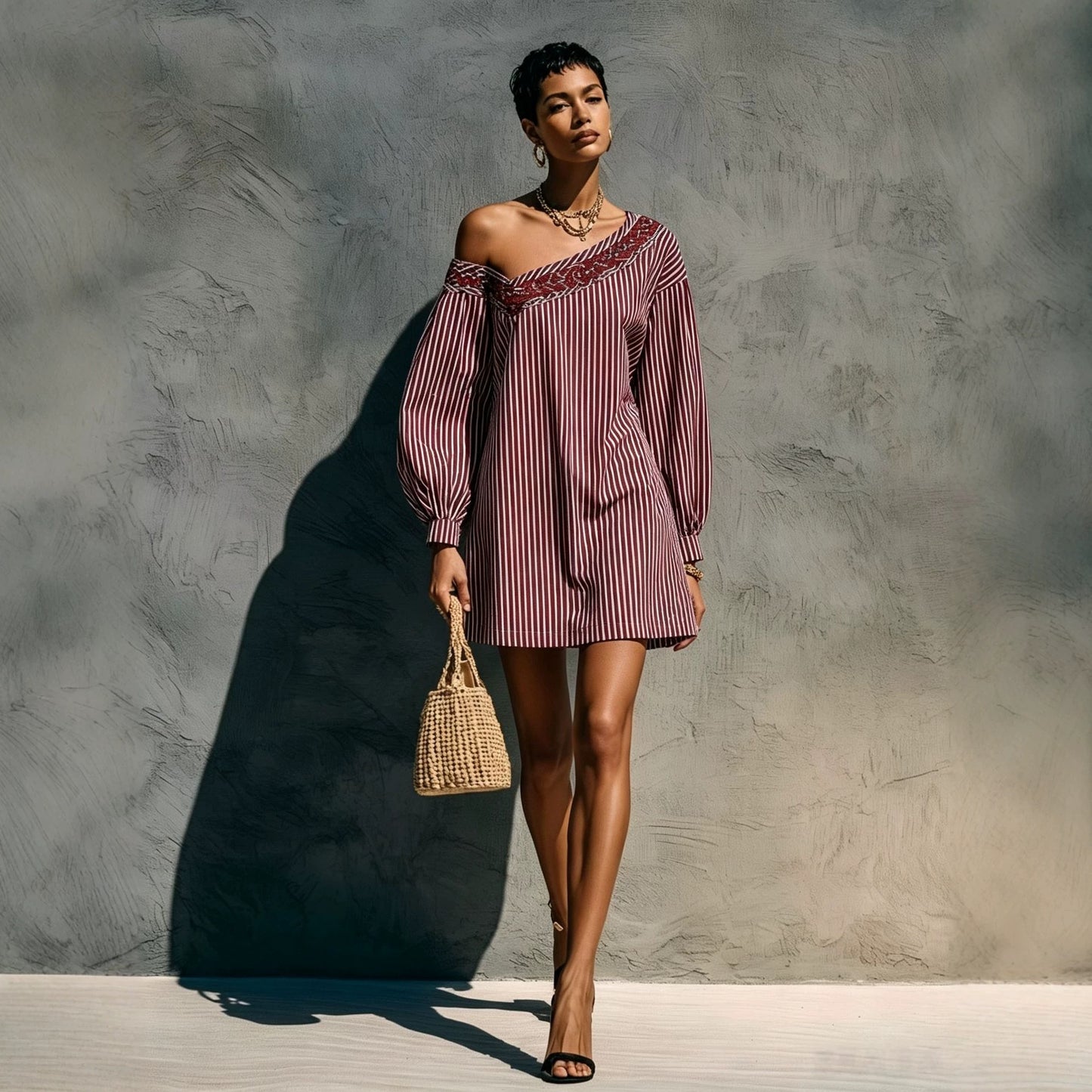 Women's Striped Long Sleeve Embroidered Minimalist Mini Dress
