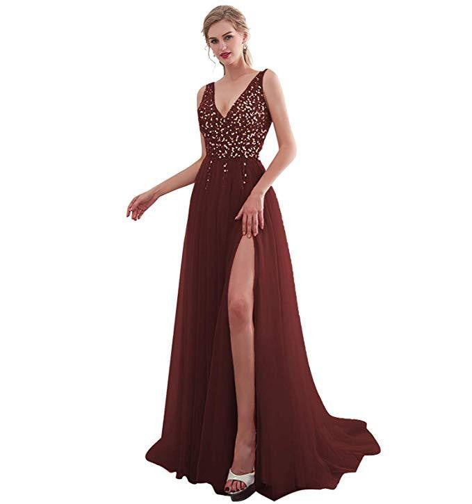 Women's Dress Deep Sleeveless Split Sequined Banquet Dresses