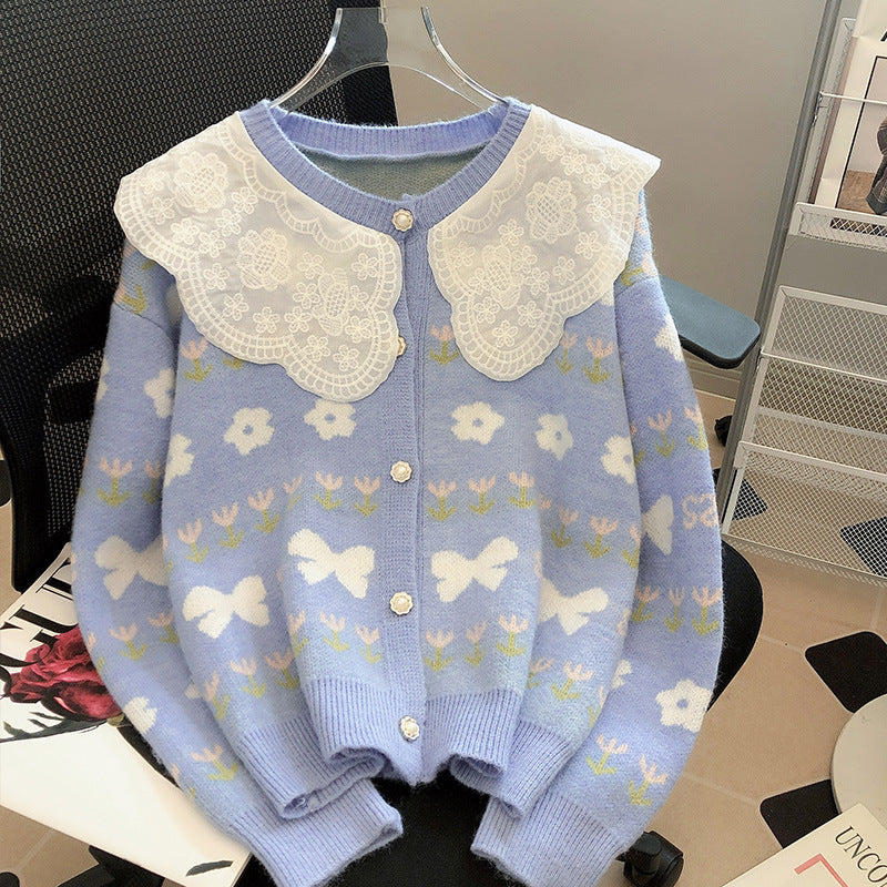 Women's Korean Patchwork Lace Peter Pan Collar Younger Fashion Loose Sweater