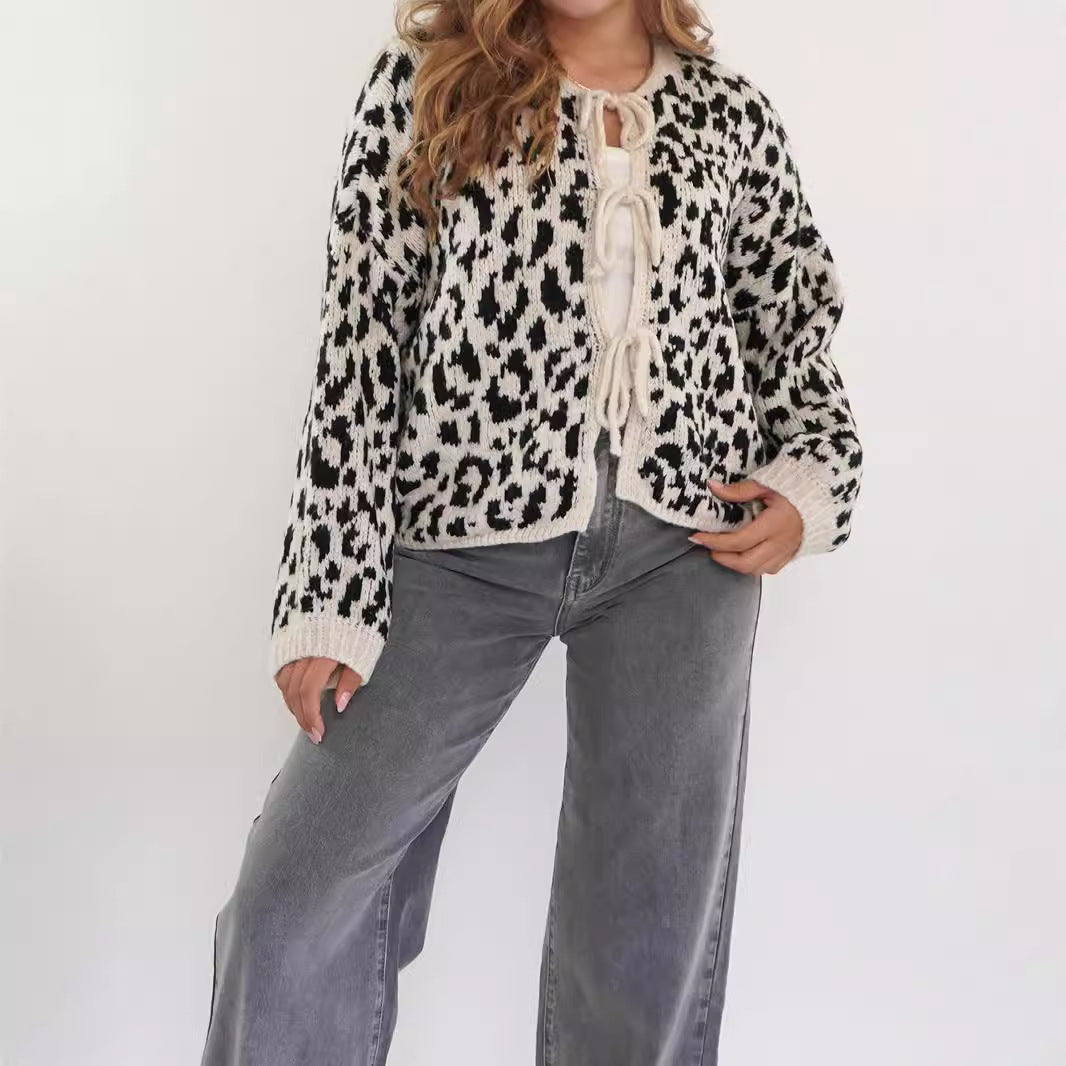 Women's Round Neck Tied Knitted Vintage Leopard Knitwear