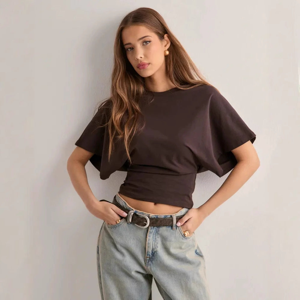 Women's Design Round Neck Pullover Sleeve T-shirt Summer Simple Solid Blouses