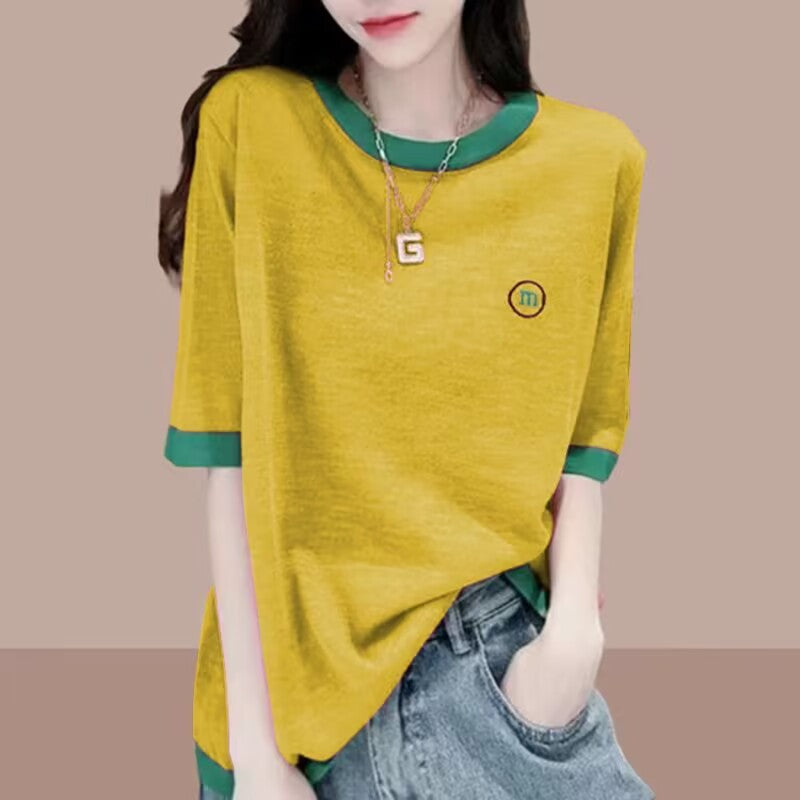 Women's Sleeve Slub Cotton T-shirt Thin Loose Blouses