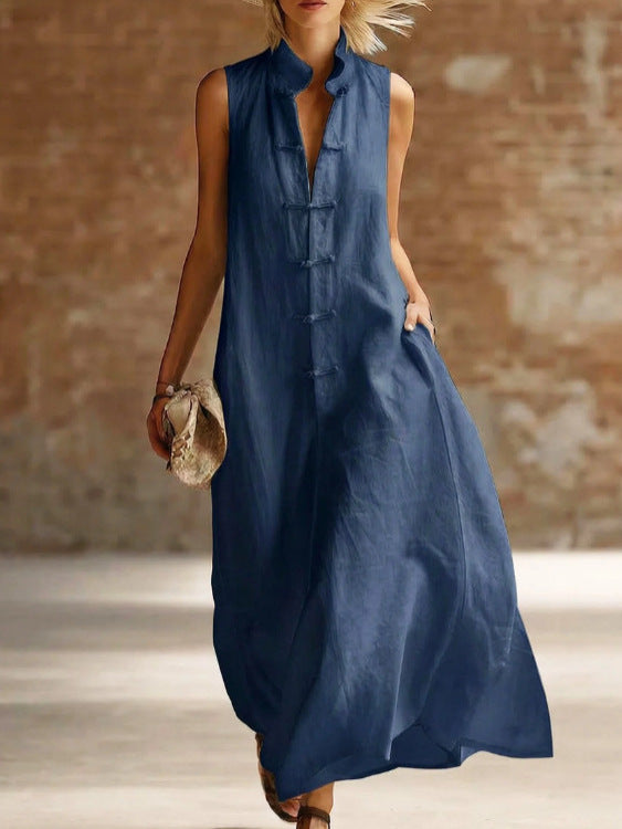 Women's Fashion Stand Collar Frog Buckle Loose Linen Cotton Dress