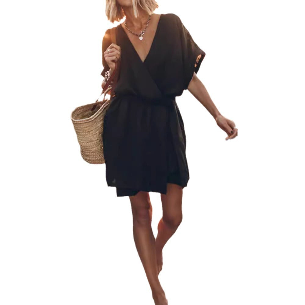 Sleeve Solid Color Loose Pockets Belt Shorts