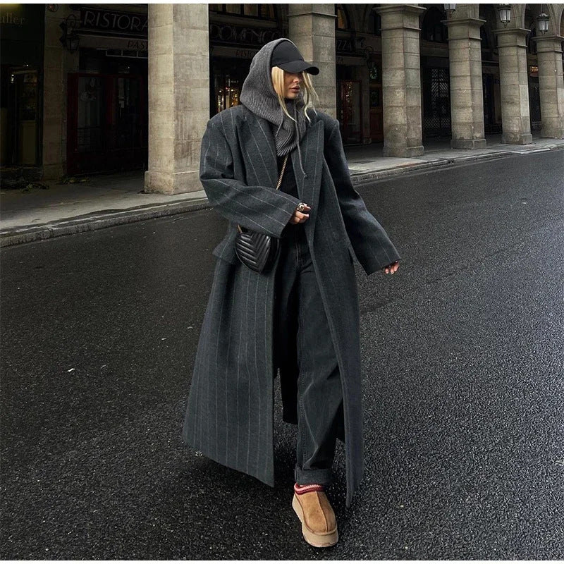 Women's Elegant Collar Striped Woolen Long Coats