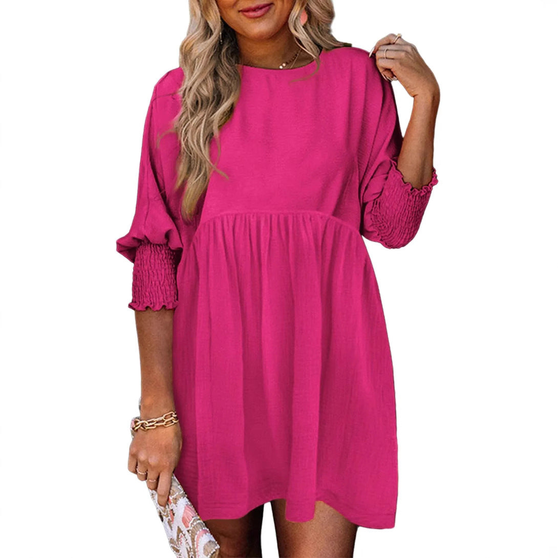 Women's Round Neck Girdle Cuff Pleating Casual Dresses