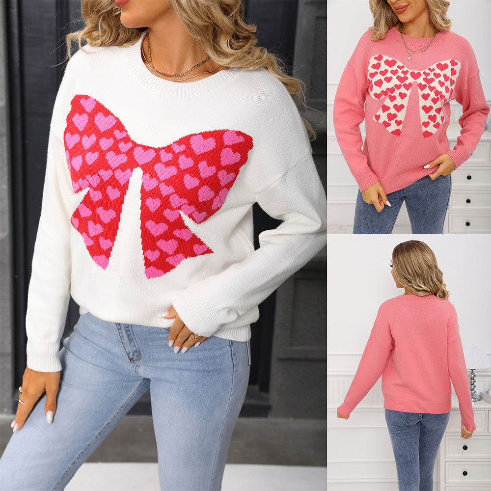 Round Neck Long Sleeve Casual Bow Small Love Sweaters