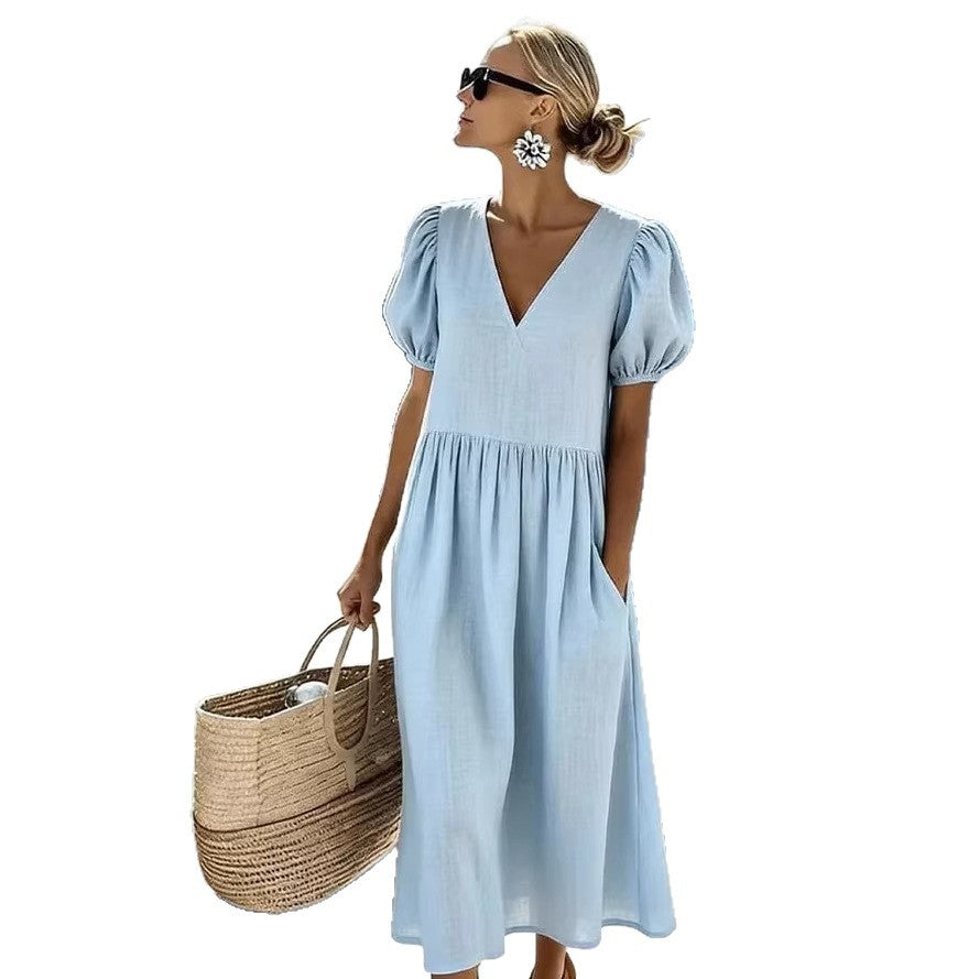 Summer Cotton Linen Casual Sleeve Pocket Pleated Loose Dress