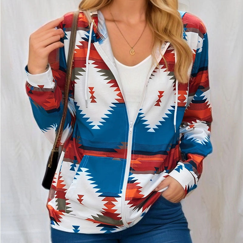 Pattern Printed Long Sleeve Loose Hooded Pocket Jackets