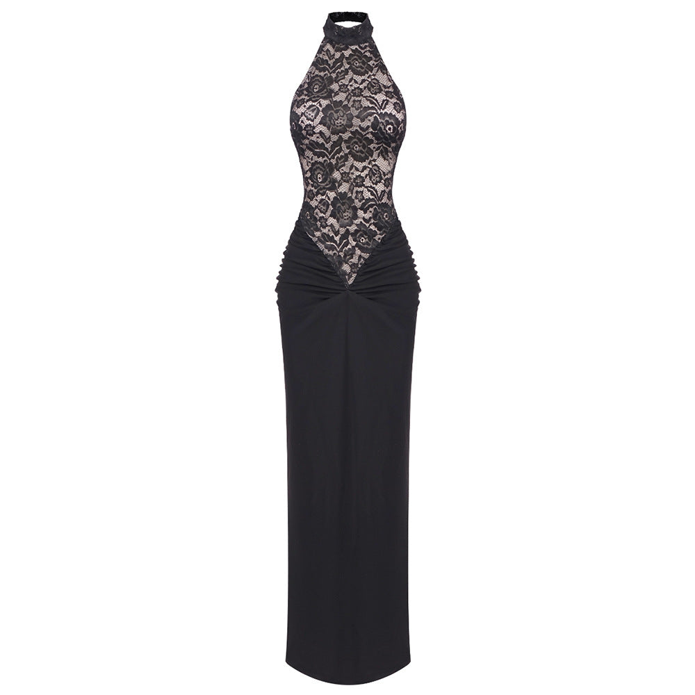 Women's Hollow Lace Breathable Backless Sleeveless Black Dresses