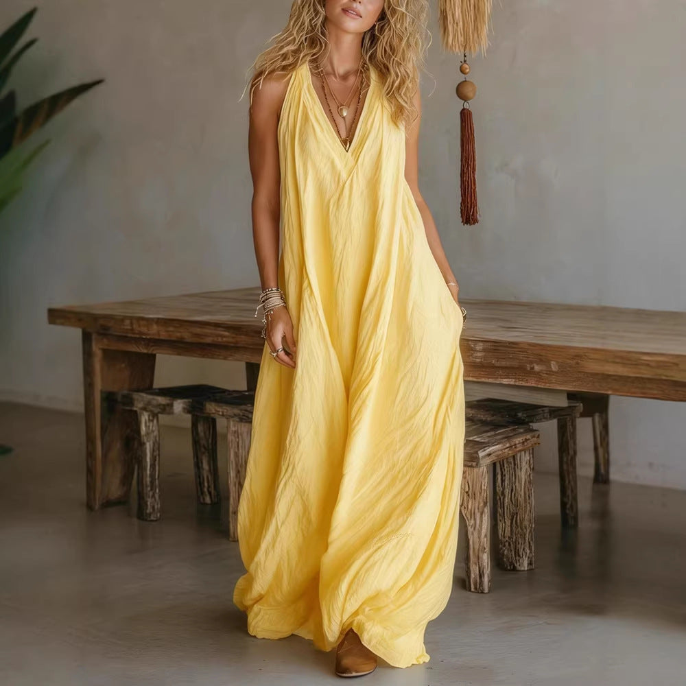 Women's Sleeve Casual Sleeveless Loose Pockets Long Dress