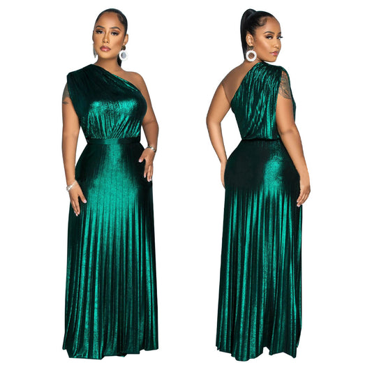 Women's Fashion Diagonal Collar Sleeveless Pleated Dress Dresses