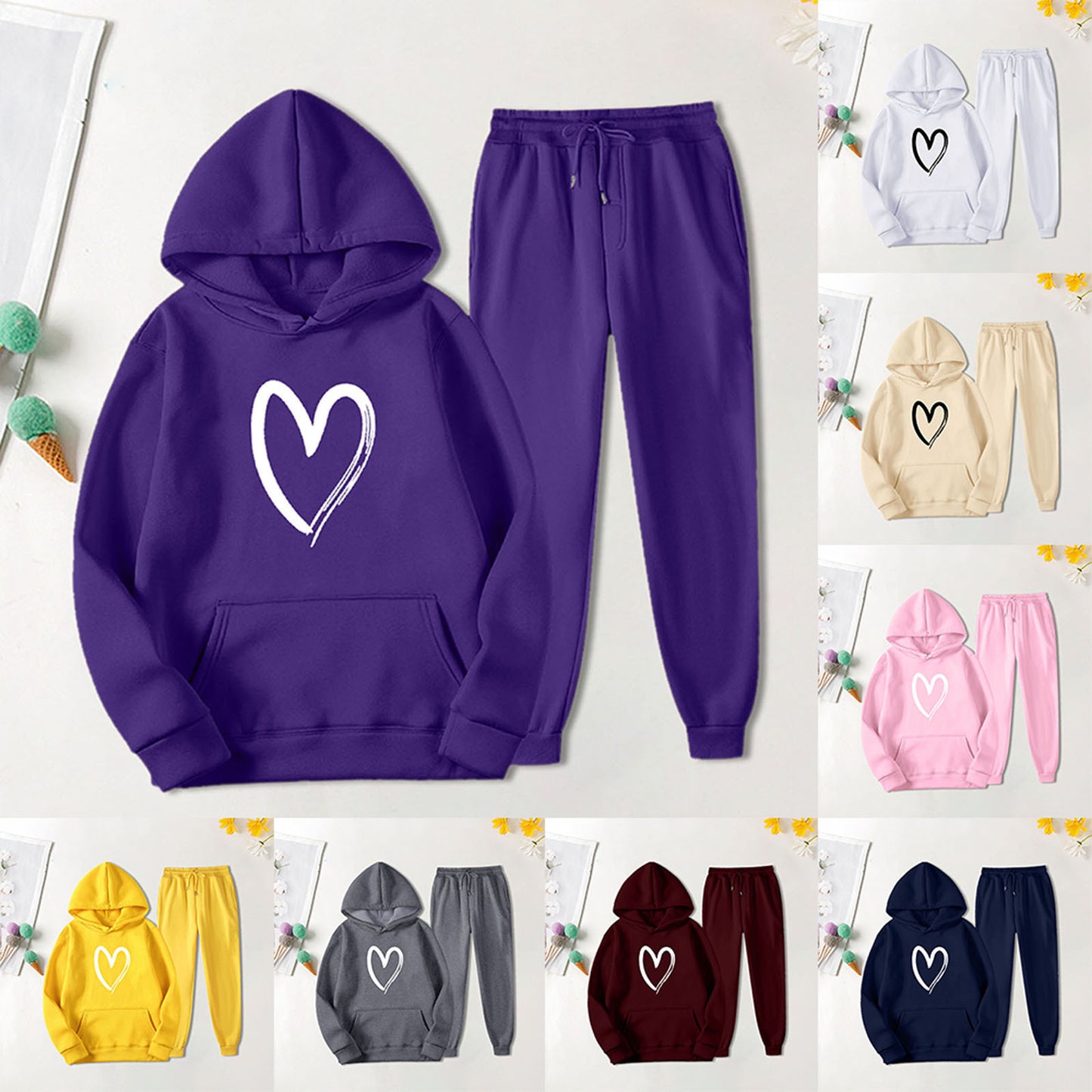 Women's Sports Printed Heart-shaped Solid Color Set Fashion Casual Suit
