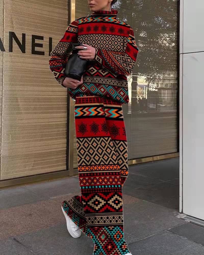 Women's Fashion Printed Loose High Collar Long-sleeved Suits