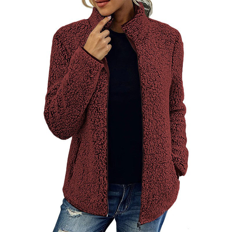 Women's Solid Color Loose Casual Zipper Bubble Veet Coats