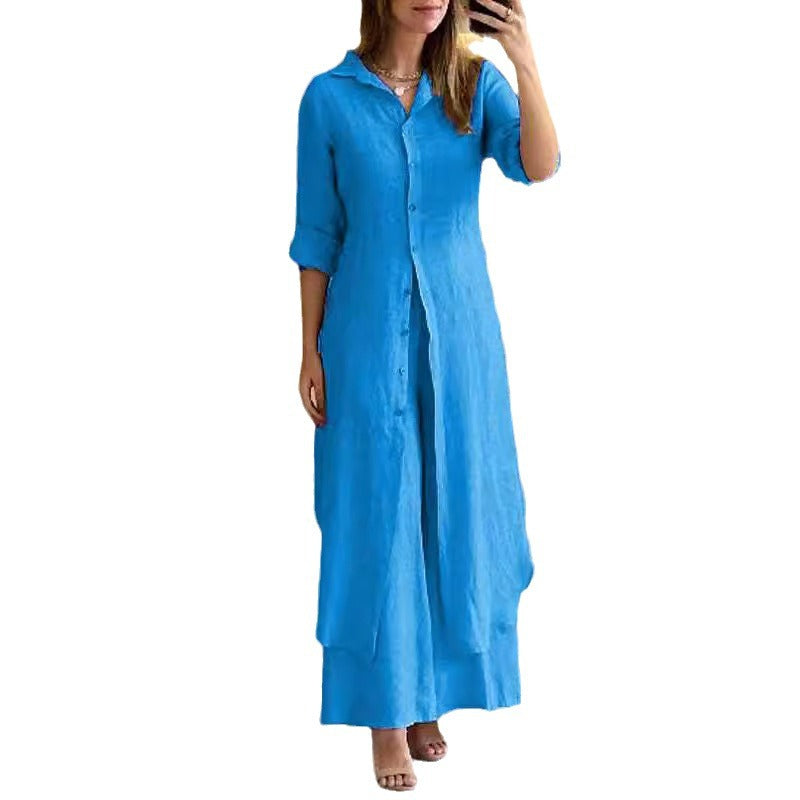 Cotton Linen Tight Waist Long Shirt Suits