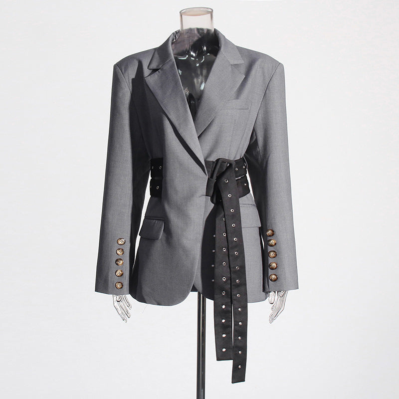 Women's Australian Show Unique Design Stitching Tied Waist Blazers