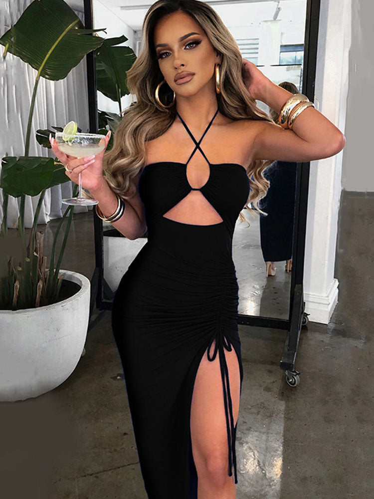 Women's Sexy Push-up Halter Pleating High Slit Dress