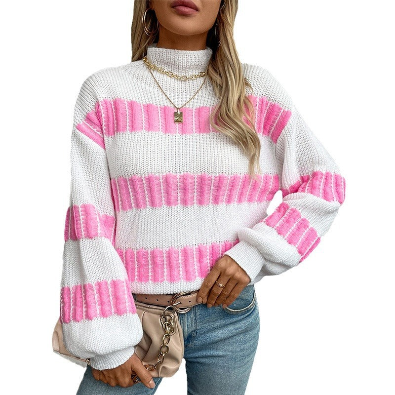 Women's Striped Pullover Fashionable Loose Mock Neck Sweater