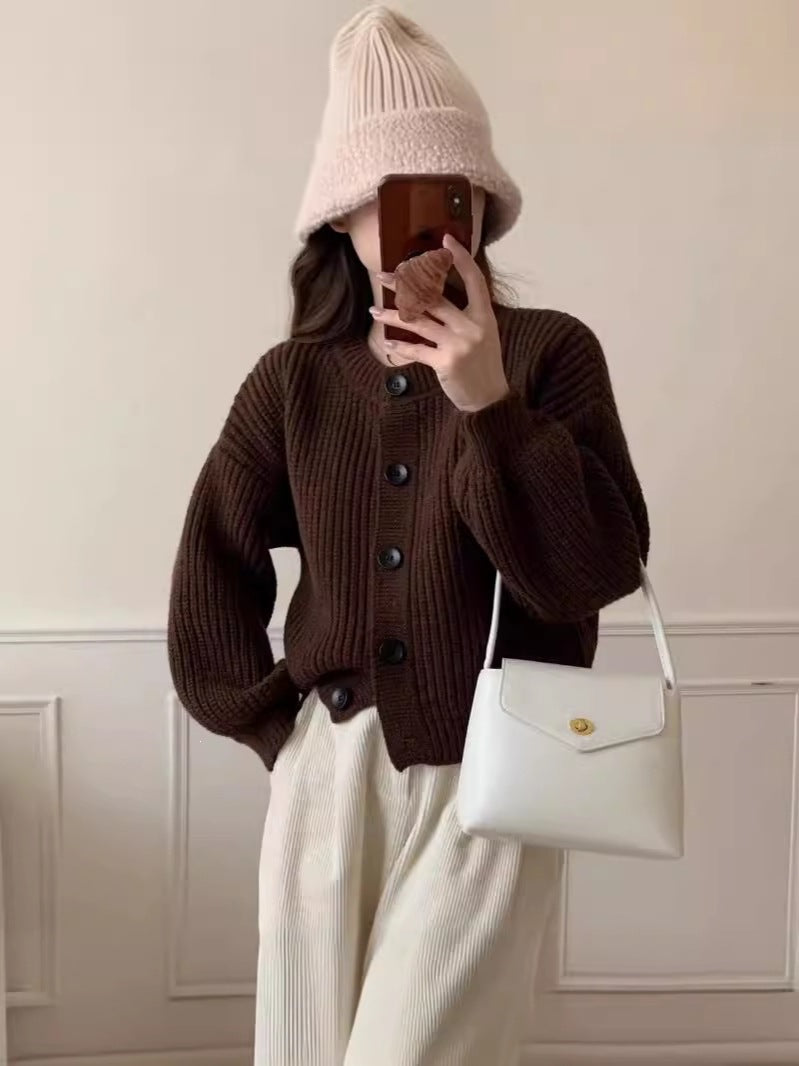 Women's Korean Style Lazy Fashion Pure Color Trendy Round Neck Knitted Women's Sweater