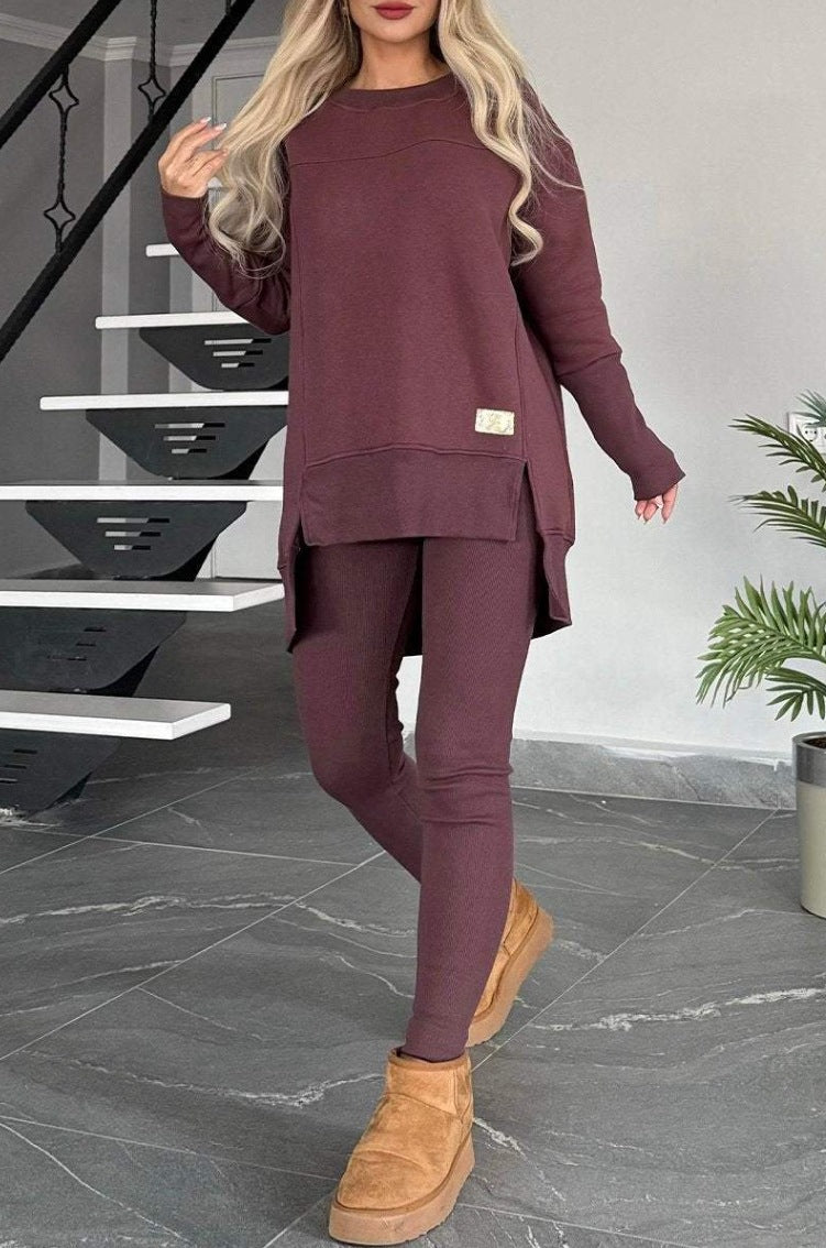 Women's Slit Long Sleeve Crew Neck Casual Suits
