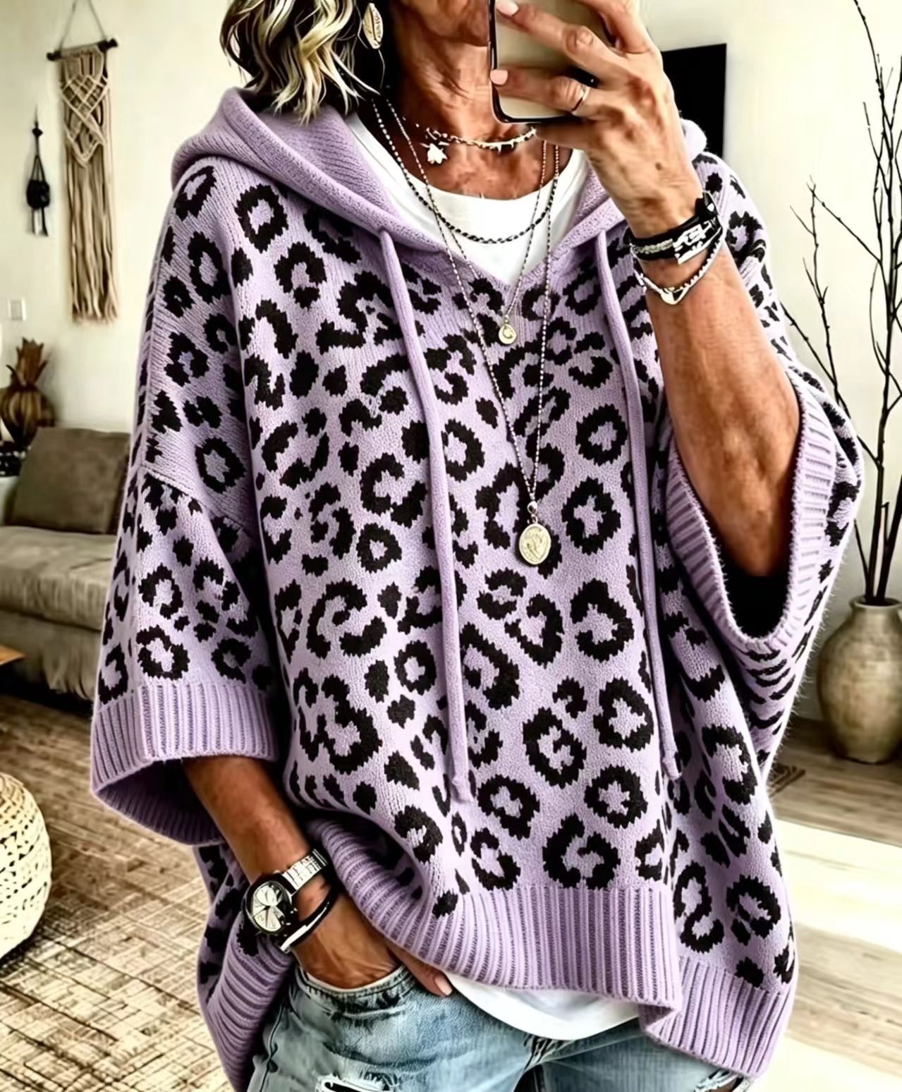 Leopard Print Hooded Drawstring Knitted Pullover Hoodie Sweater