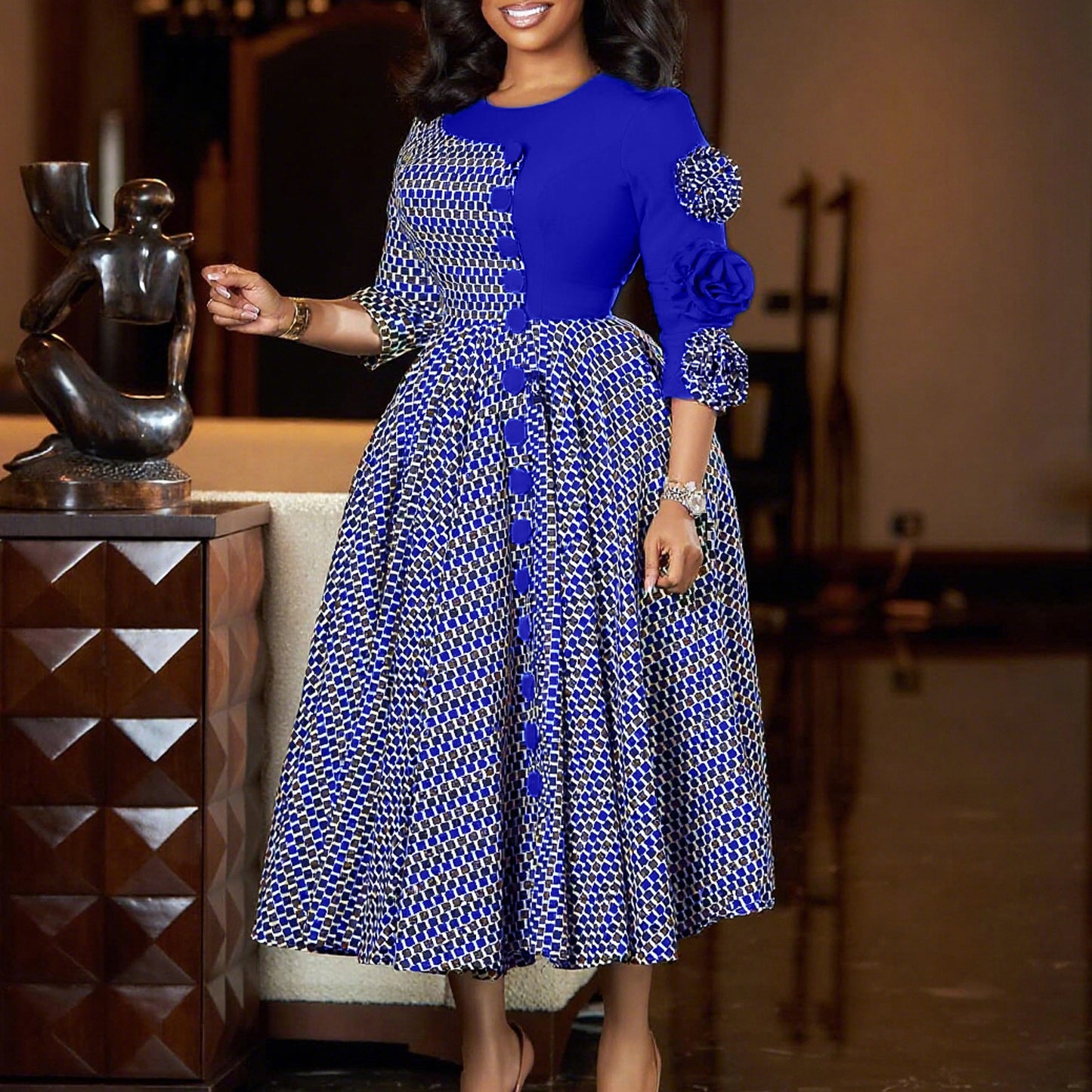 Women's Fashion Elegant Round Neck Sleeves Printed Dress