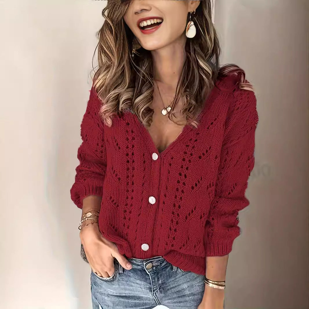 Women's Elegant Knitted Hollow Crocheted Versatile Solid Sweater