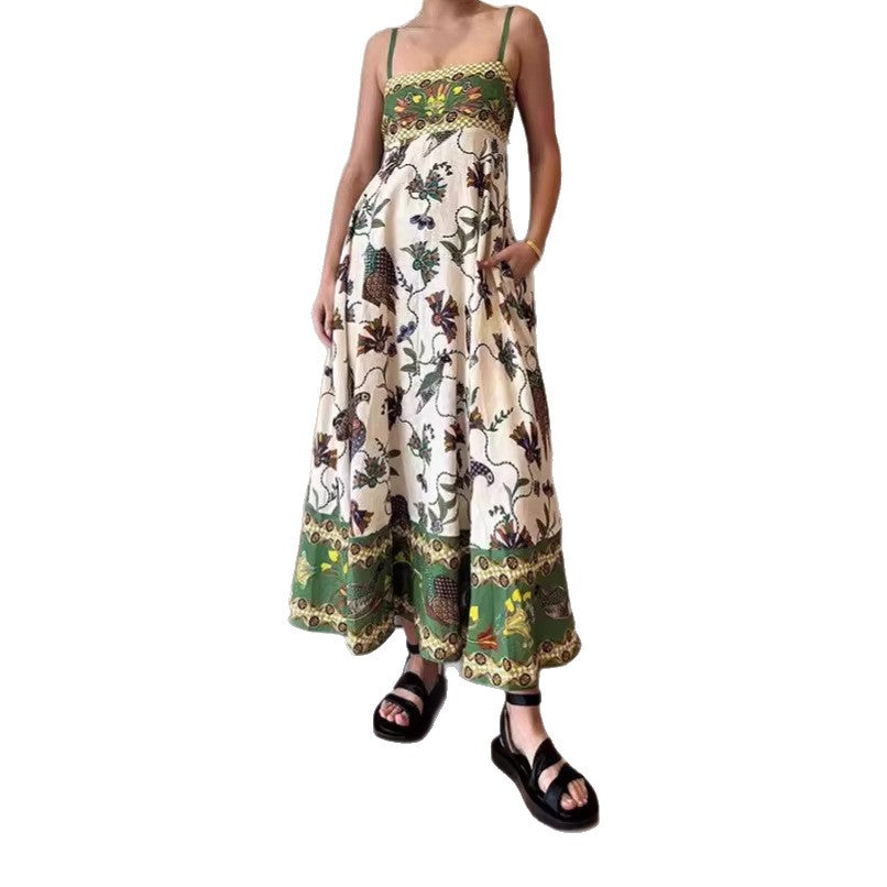 Women's Floral Positioning Burning High Waist Sling Large Swing Dress