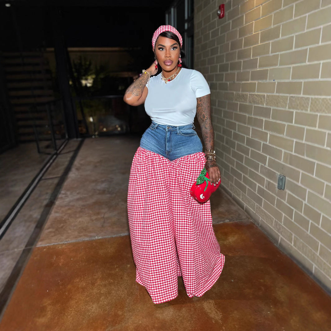 Women's Striped Denim Stitching Plaid High Waist Loose Pants