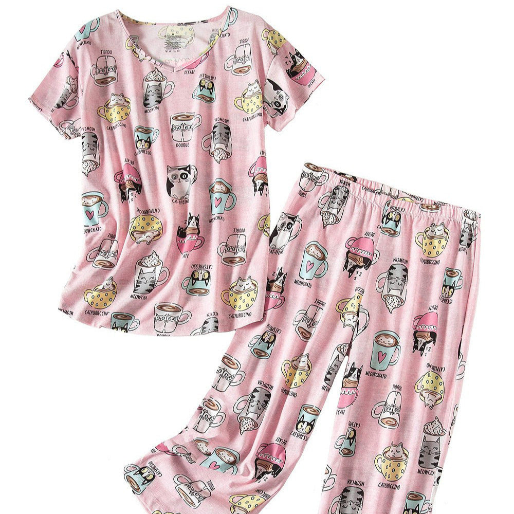 Women's Short-sleeved Cropped Knitted Cotton Pajama Fashion Casual Suit