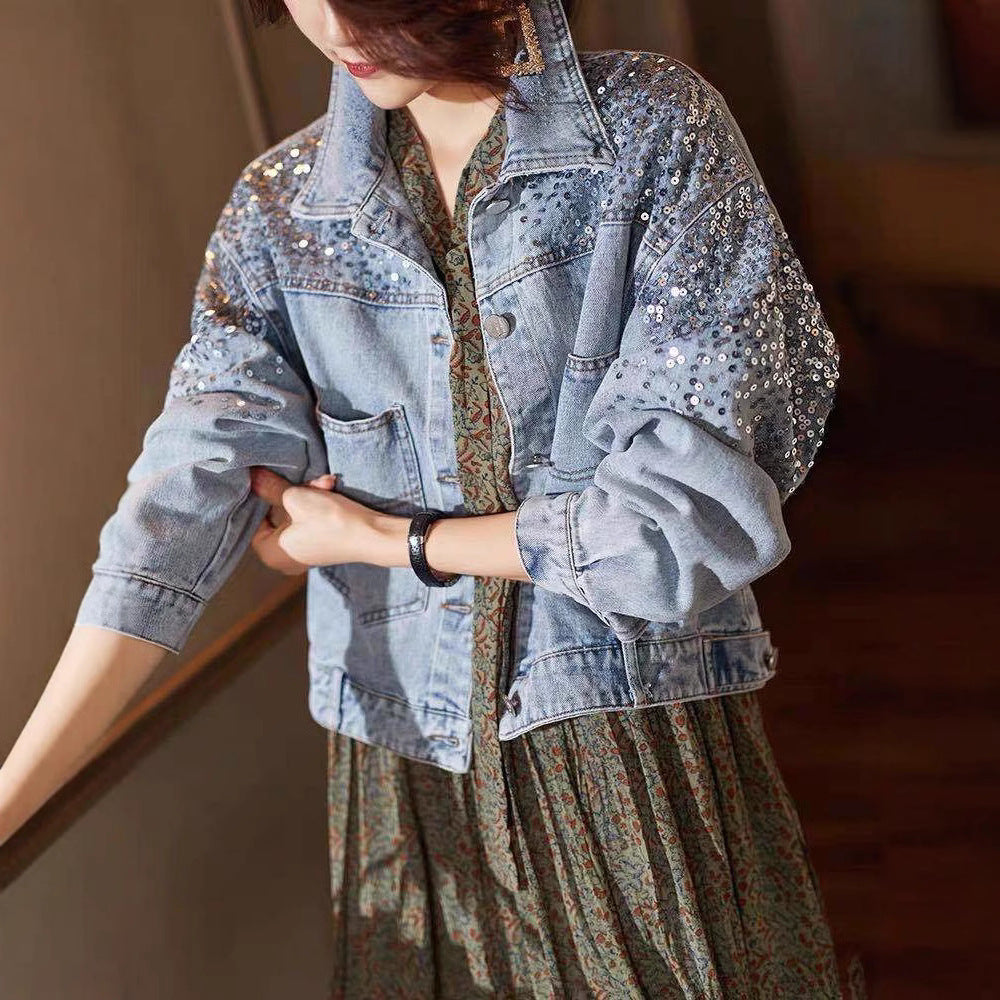 Women's Fashionable Sequins Denim Loose-fitting Fashion Jackets