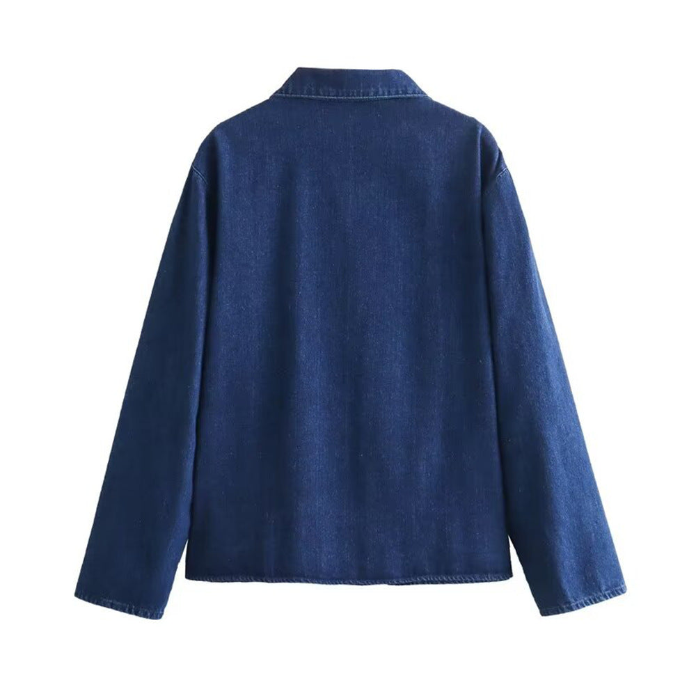 Women's Pocket Bow Long Sleeve Denim Shirt Jackets